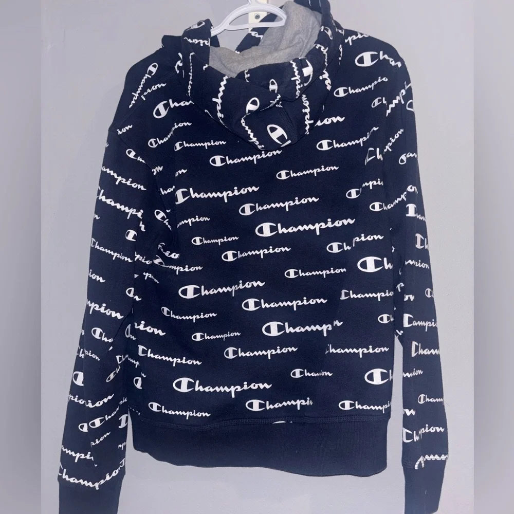 Champion Navy Hoodie with Logo Pattern - Picture 2 of 3